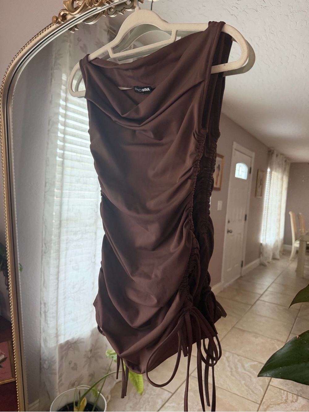 Fashion Nova Brown Ruched Side-Slip Mini Dress